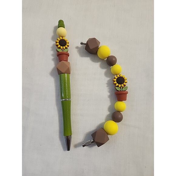 Bead Pen & Cup Charm Matching Combo Fall Sunflower Green Brown Yellow Silicone - Picture 4 of 4